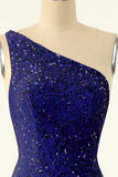 Royal Blue One Shoulder Sequins Tight Graduation Dress