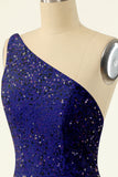 Royal Blue One Shoulder Sequins Tight Graduation Dress