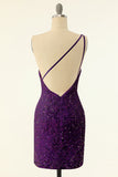 Purple One Shoulder Sequins Graduation Dress