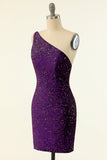 Purple One Shoulder Sequins Graduation Dress