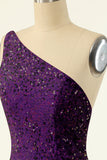 Purple One Shoulder Sequins Graduation Dress