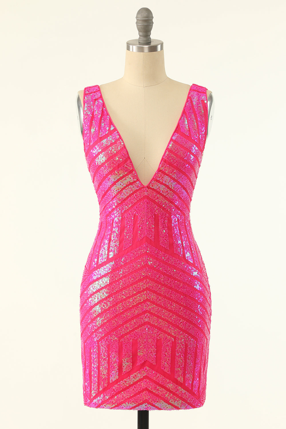Fuchsia Sequins V-Neck Tight Graduation Dress