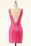 Fuchsia Sequins V-Neck Tight Graduation Dress