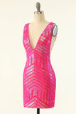 Fuchsia Sequins V-Neck Tight Graduation Dress