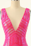 Fuchsia Sequins V-Neck Tight Graduation Dress