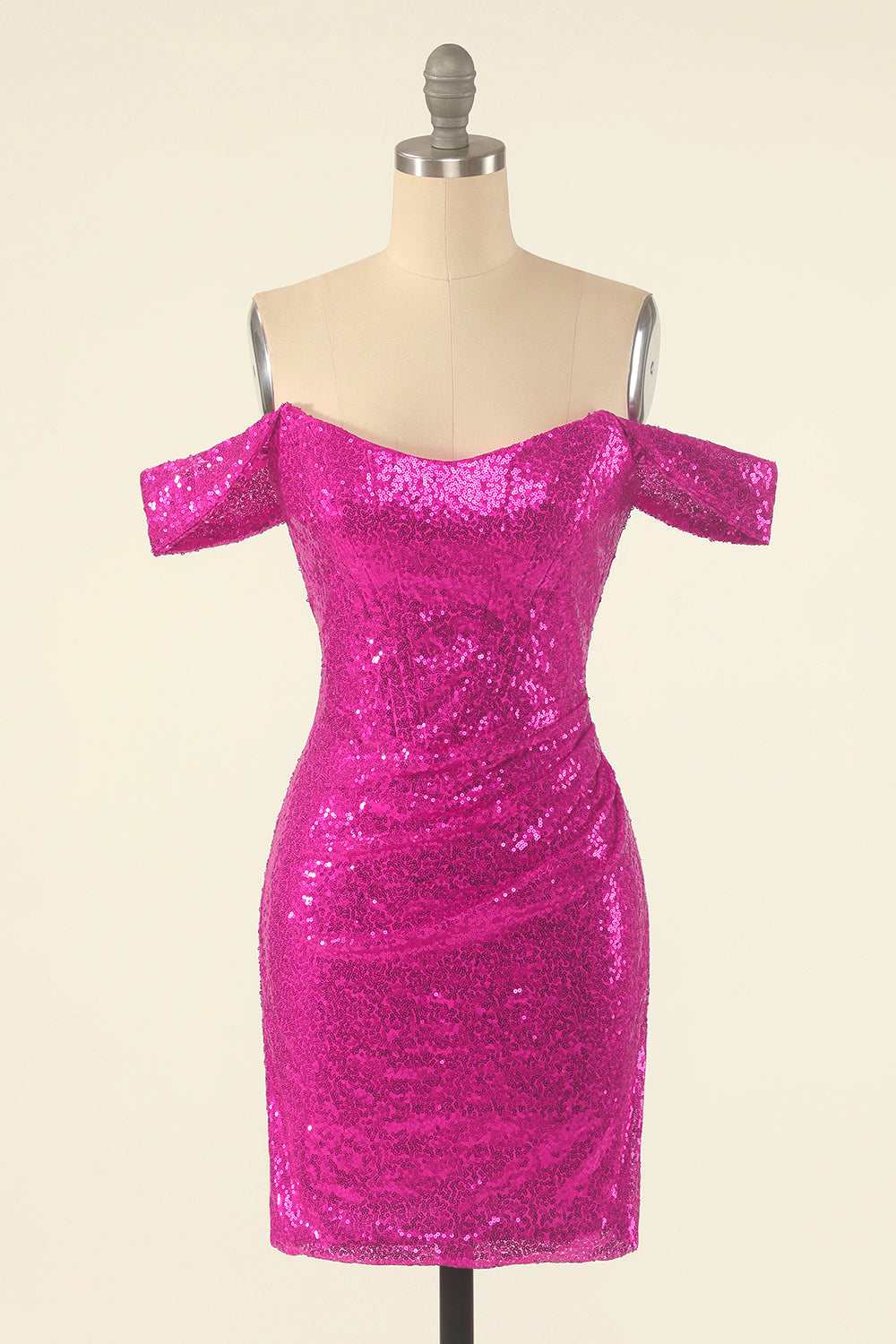 Fuchsia Off the Shoulder Sequins Tight Graduation Dress