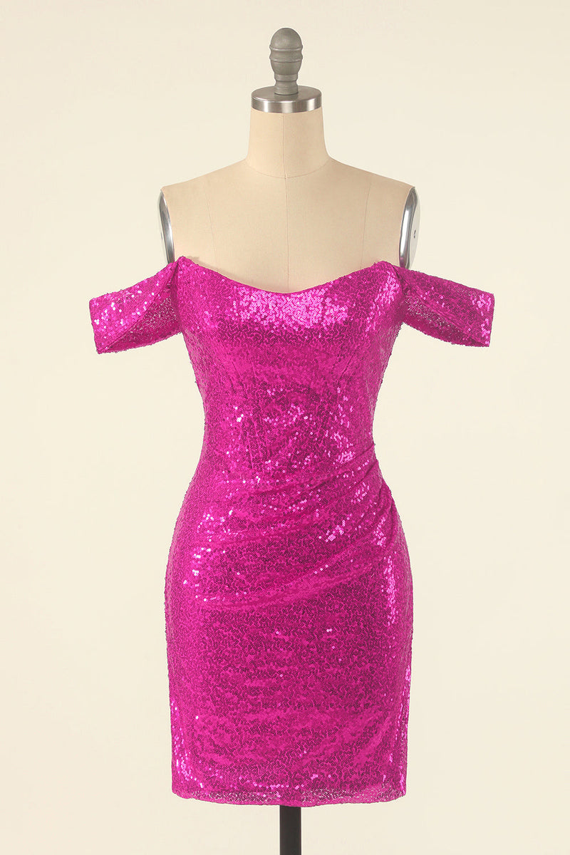 Load image into Gallery viewer, Fuchsia Off the Shoulder Sequins Tight Graduation Dress