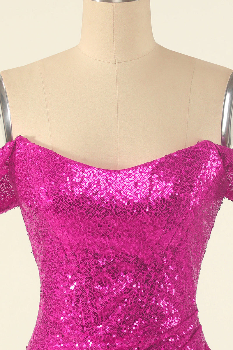 Load image into Gallery viewer, Fuchsia Off the Shoulder Sequins Tight Graduation Dress