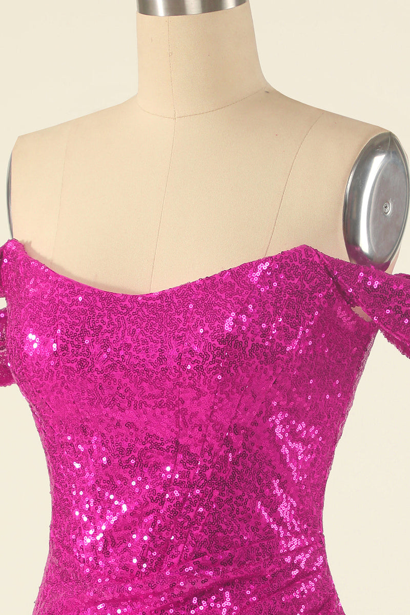Load image into Gallery viewer, Fuchsia Off the Shoulder Sequins Tight Graduation Dress