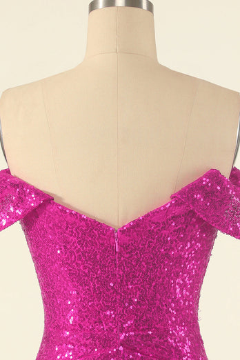 Fuchsia Off the Shoulder Sequins Tight Graduation Dress