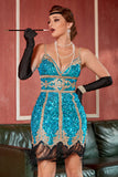 Lake Blue Sequin Short Gatsby 1920s Dress with Fringes