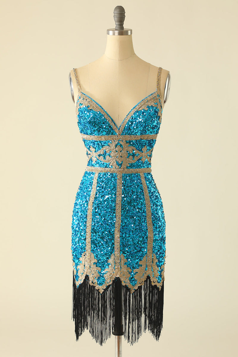 Load image into Gallery viewer, Lake Blue Sequin Short Graduation Dress with Fringes