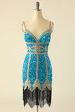 Lake Blue Sequin Short Graduation Dress with Fringes