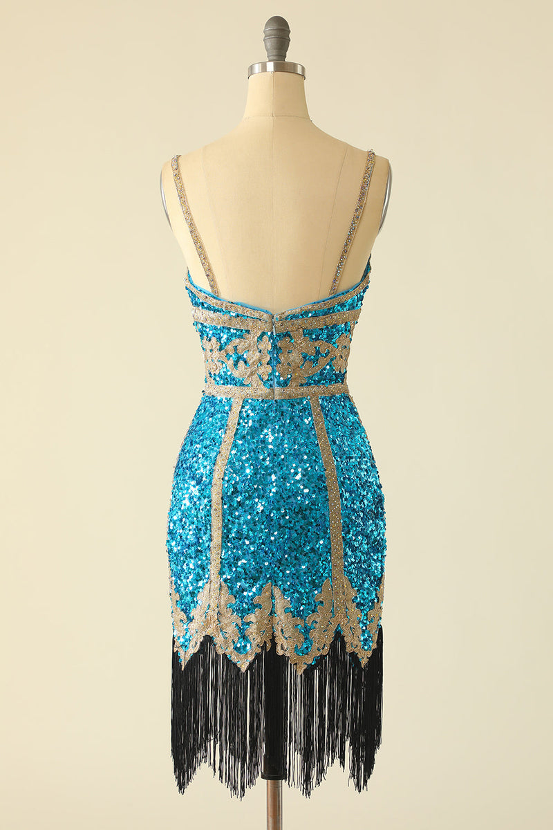 Load image into Gallery viewer, Lake Blue Sequin Short Graduation Dress with Fringes
