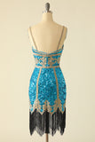 Lake Blue Sequin Short Graduation Dress with Fringes