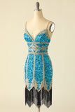 Lake Blue Sequin Short Graduation Dress with Fringes