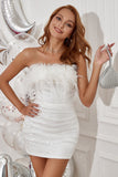 White Strapless Graduation Dress with Feathers