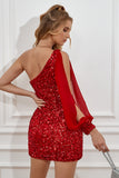 Red Tight Sequins Graduation Dress with Sleeves