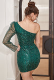 One Shoulder Beaded Green Graduation Dress