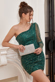 One Shoulder Beaded Green Graduation Dress