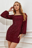 Green Sequin Short Graduation Dress with Long Sleeves
