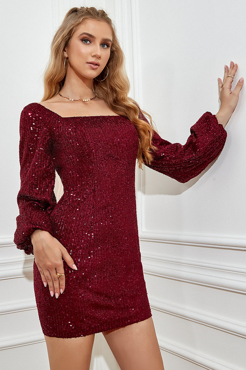 Load image into Gallery viewer, Burgundy Tight Sequins Graduation Dress with Sleeves