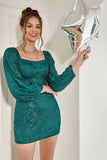 Green Sequin Short Graduation Dress with Long Sleeves