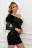 Black Sequins Tight Graduation Dress with Feathers