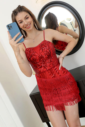 Red Sequin Fitted Graduation Dress with Fringes
