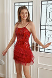 Red Sequin Fitted Graduation Dress with Fringes