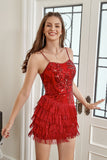 Red Sequin Fitted Graduation Dress with Fringes