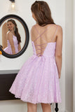 A Line Spaghetti Straps Light Purple Sequins Graduation Dress