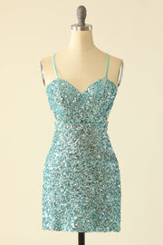 Blue Open Back Sequin Glitter Graduation Dress