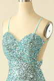 Blue Open Back Sequin Glitter Graduation Dress