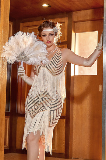 Champagne V-Neck Sequins 1920s Flapper Dress with Fringes