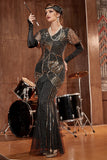 Black and Gold Sequined Long 1920s Gatsby Dress