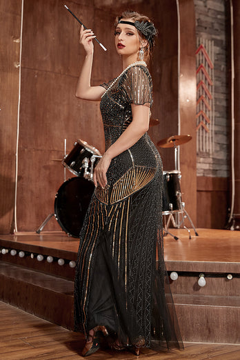 Black and Gold Sequined Long 1920s Gatsby Dress