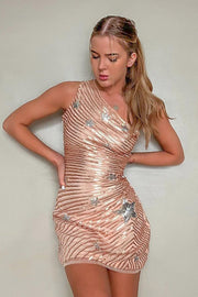 Sheath Rose Golden Sequined One Shoulder Graduation Dress