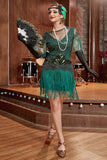 Dark Green Bateau Neck 1920s Gatsby Dress With Fringes