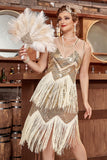 Golden Jewel Neck 1920s Gatsby Dress With Fringes