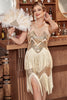 Load image into Gallery viewer, Golden Jewel Neck 1920s Gatsby Dress With Fringes
