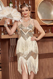 Golden Jewel Neck 1920s Gatsby Dress With Fringes