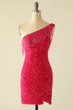 Hot Pink One Shoulder Sequin Graduation Dress