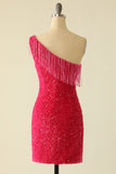 Hot Pink One Shoulder Sequin Graduation Dress