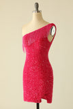 Hot Pink One Shoulder Sequin Graduation Dress