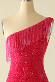 Hot Pink One Shoulder Sequin Graduation Dress