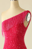 Hot Pink One Shoulder Sequin Graduation Dress