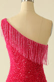 Hot Pink One Shoulder Sequin Graduation Dress