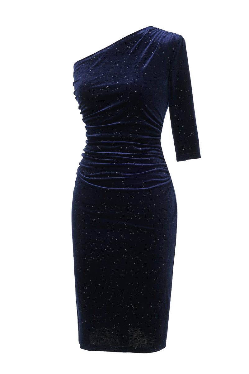 Load image into Gallery viewer, One Shoulder Blue Bodycon Velvet Dress