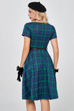 Dark Green Short Sleeves 1950s Plaid Dress